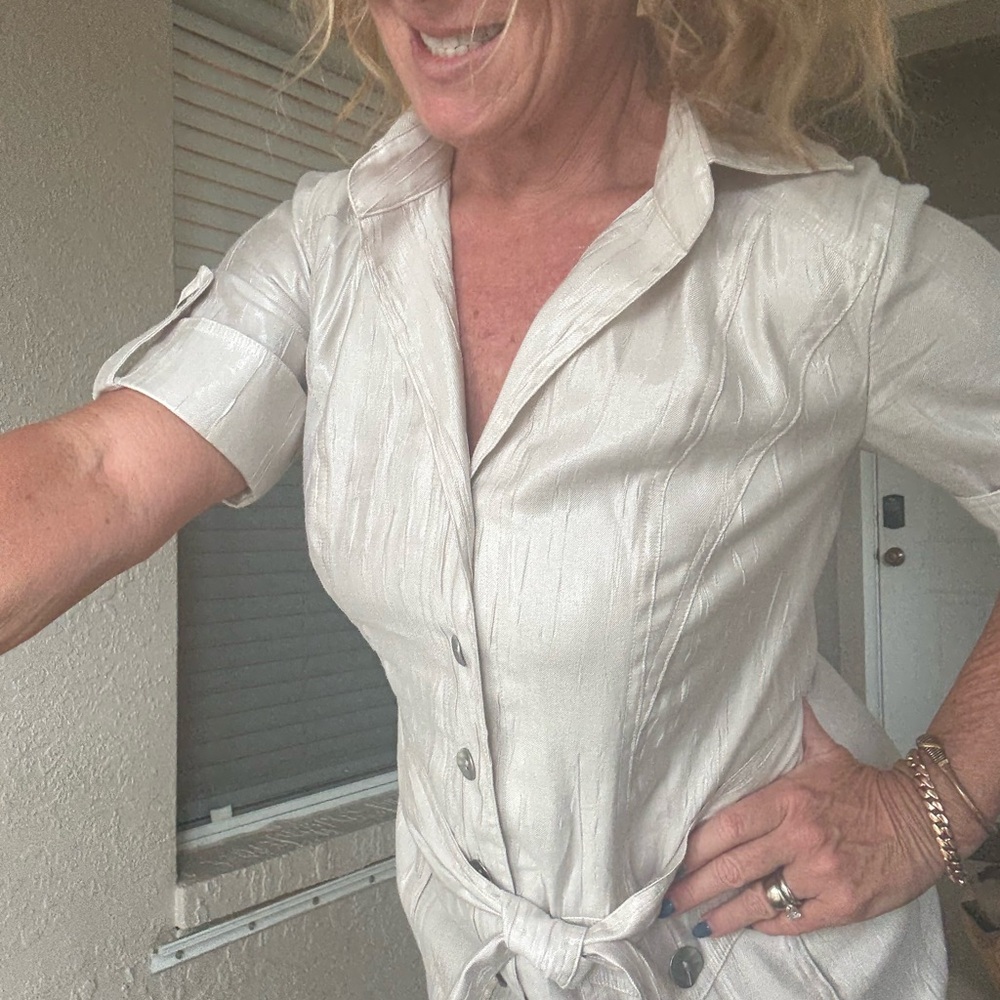 Chico's Elegant Shimmering Silver Cream Textured Dress - Picture 5 of 8